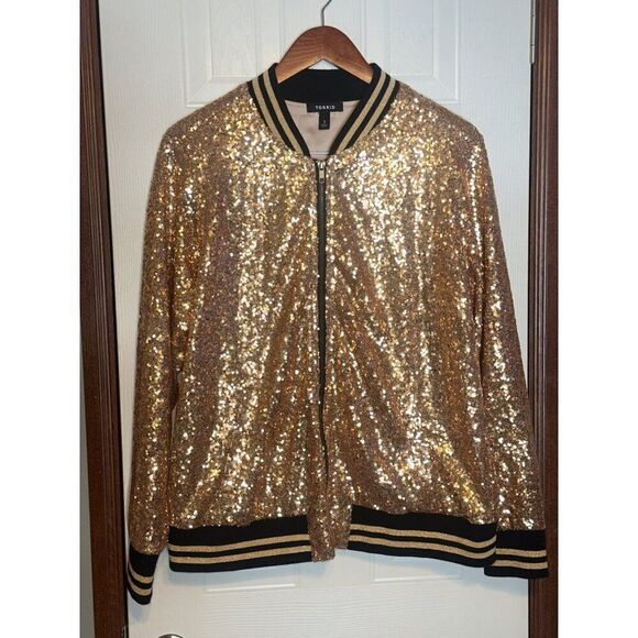 Torrid Allover Gold &โBlack Sequin Long Sleeve Bomber Jacket Pockets Lined SZ1X - Picture 3 of 16